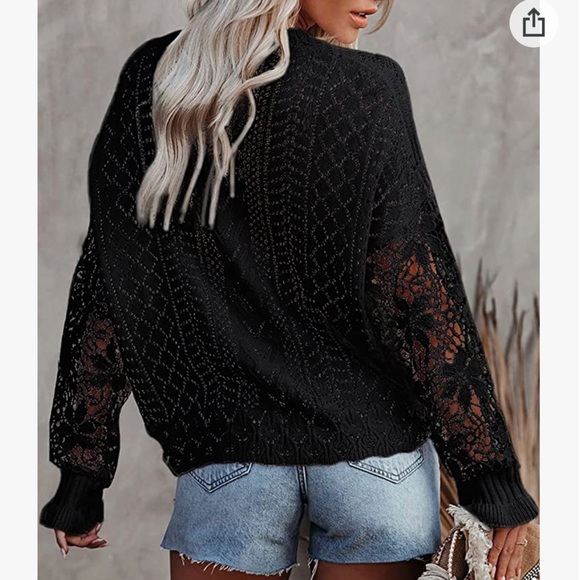 🔥 Women Lace Crochet Long Sleeve Crewneck Sweaters Winter Knit Pullover - Picture 4 of 5
